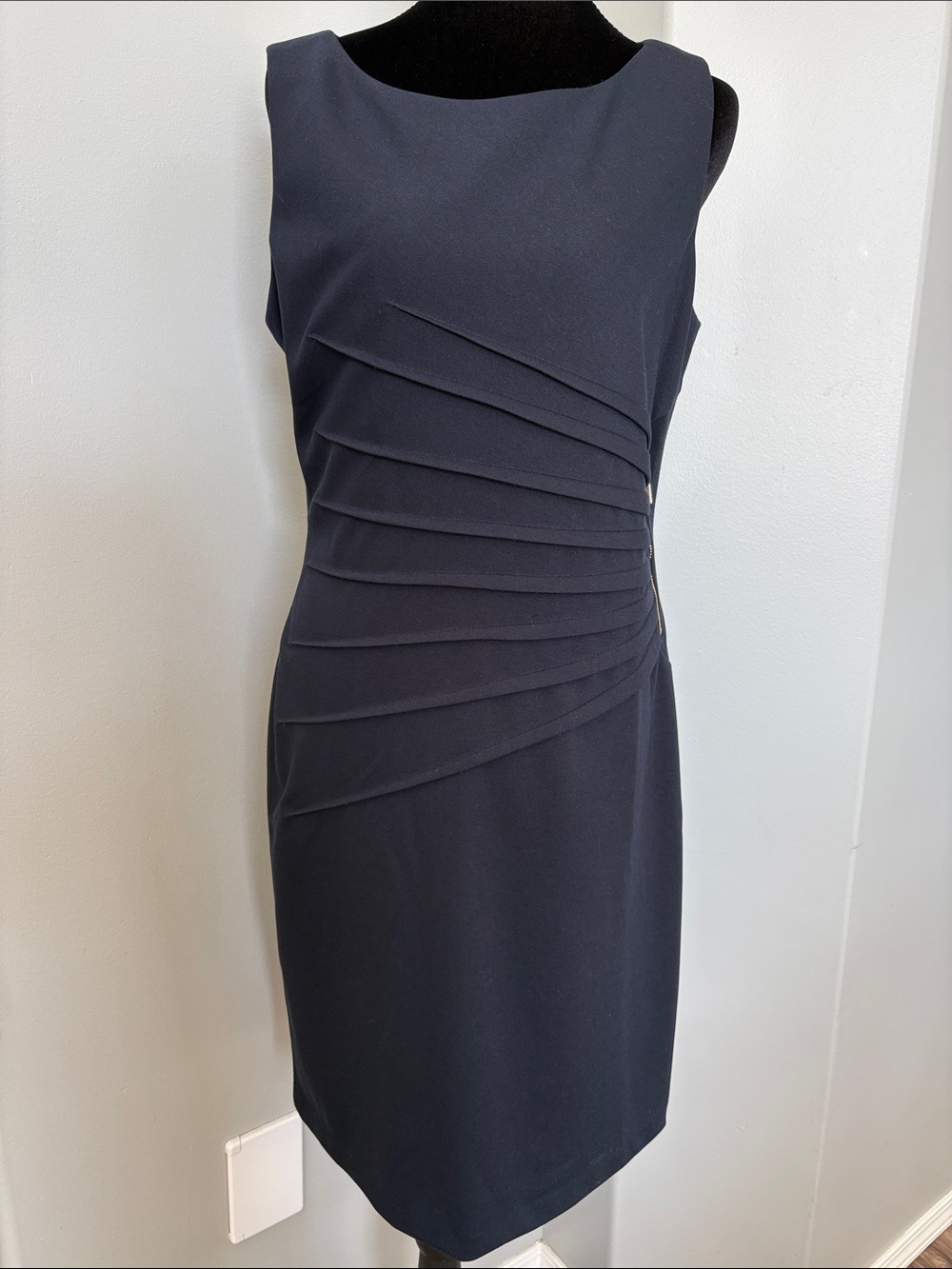 Ivanka Trump Navy Pleated Waist Sheath Midi Dress